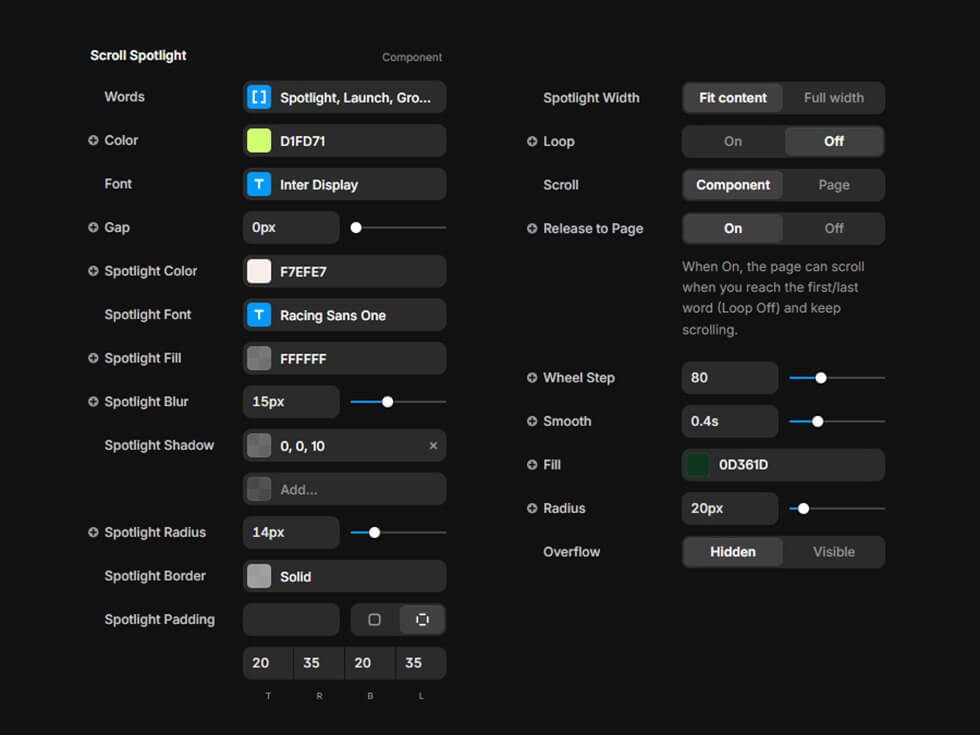Capture d'écran du component Framer Scroll Spotlight