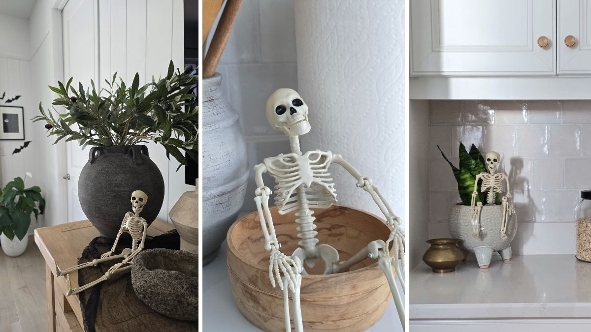 Skeleton decor for Halloween in open concept coastal home