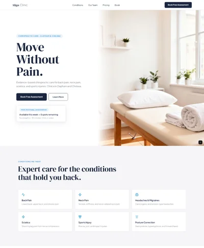 chiropractor website prompt — clean white and navy chiropractic clinic website design preview