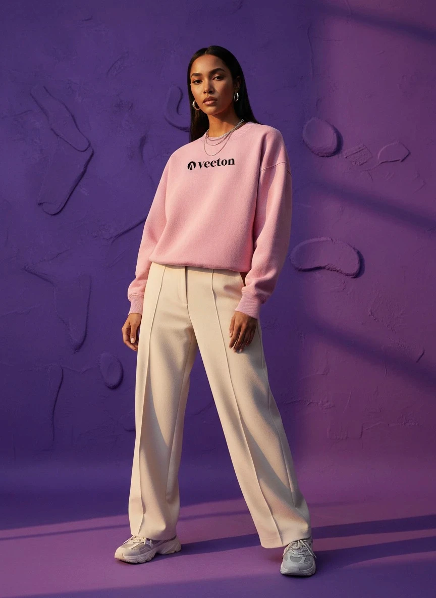 AI fashion model in pink Veeton sweatshirt and cream trousers against purple textured wall
