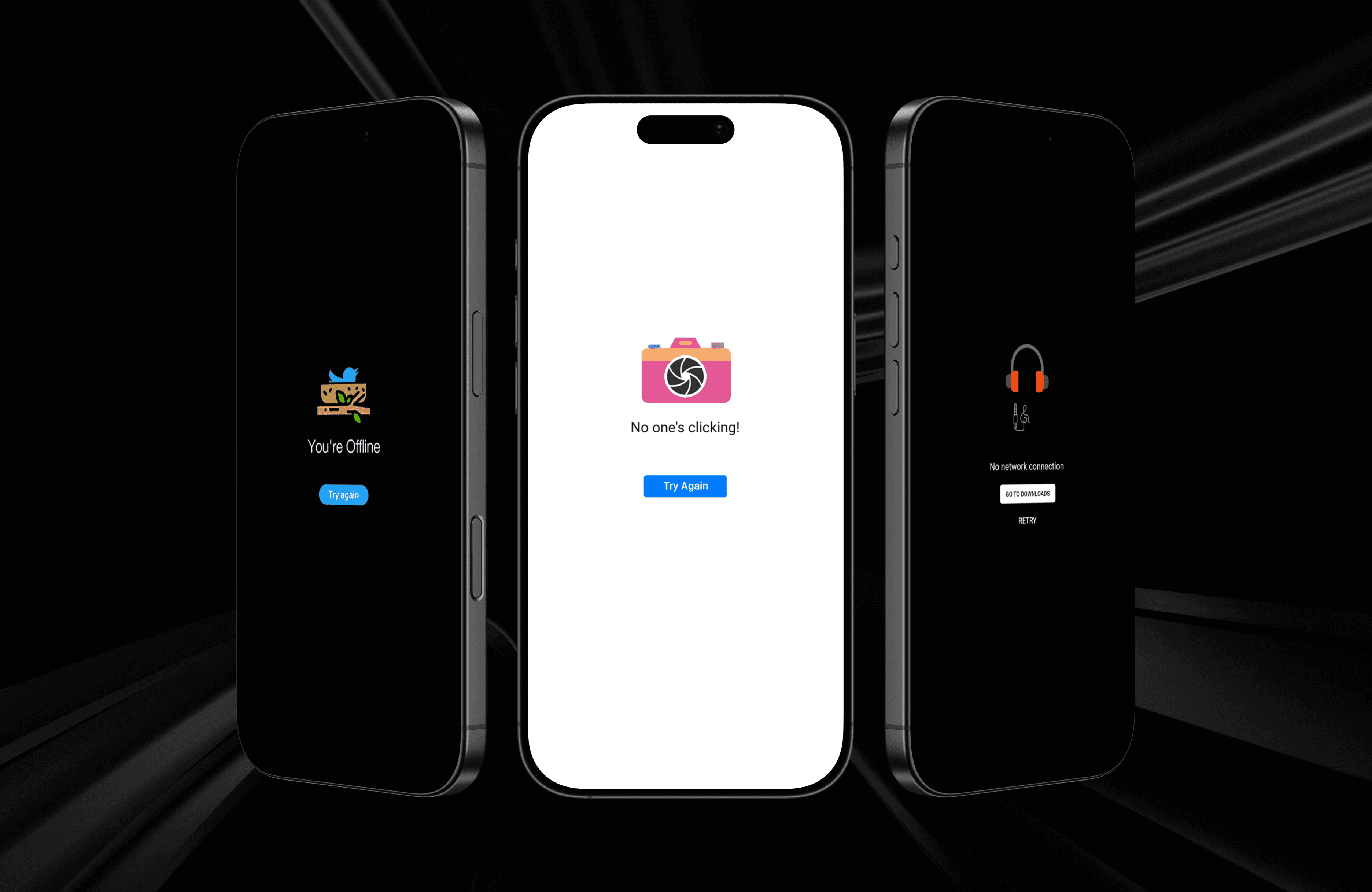 Three smartphones on a dark background showing different app error or empty states: no clicks, offline, and network error