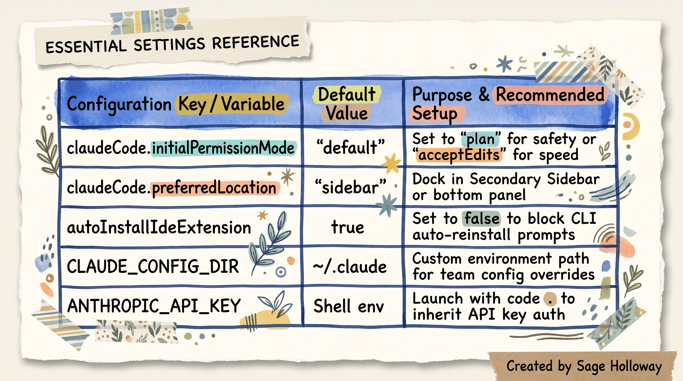 Reference table of essential day-one settings.json configuration keys for Claude Code in VS Code