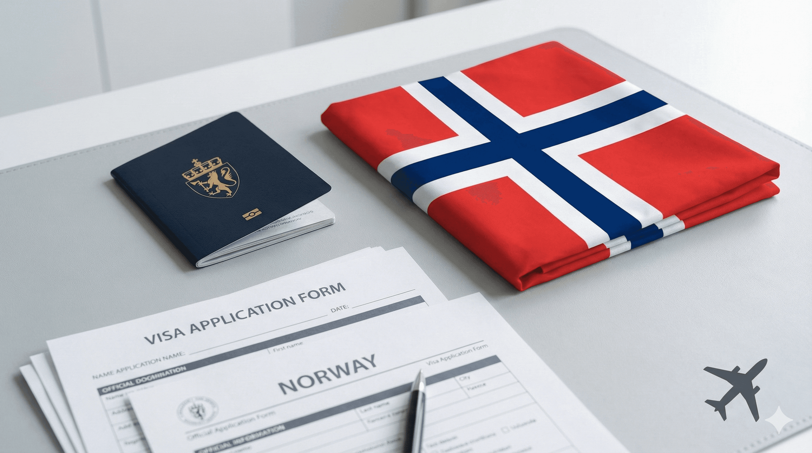 Norwegian flag, passport, and visa documents on desk - Norway Schengen visa requirements for UK residents