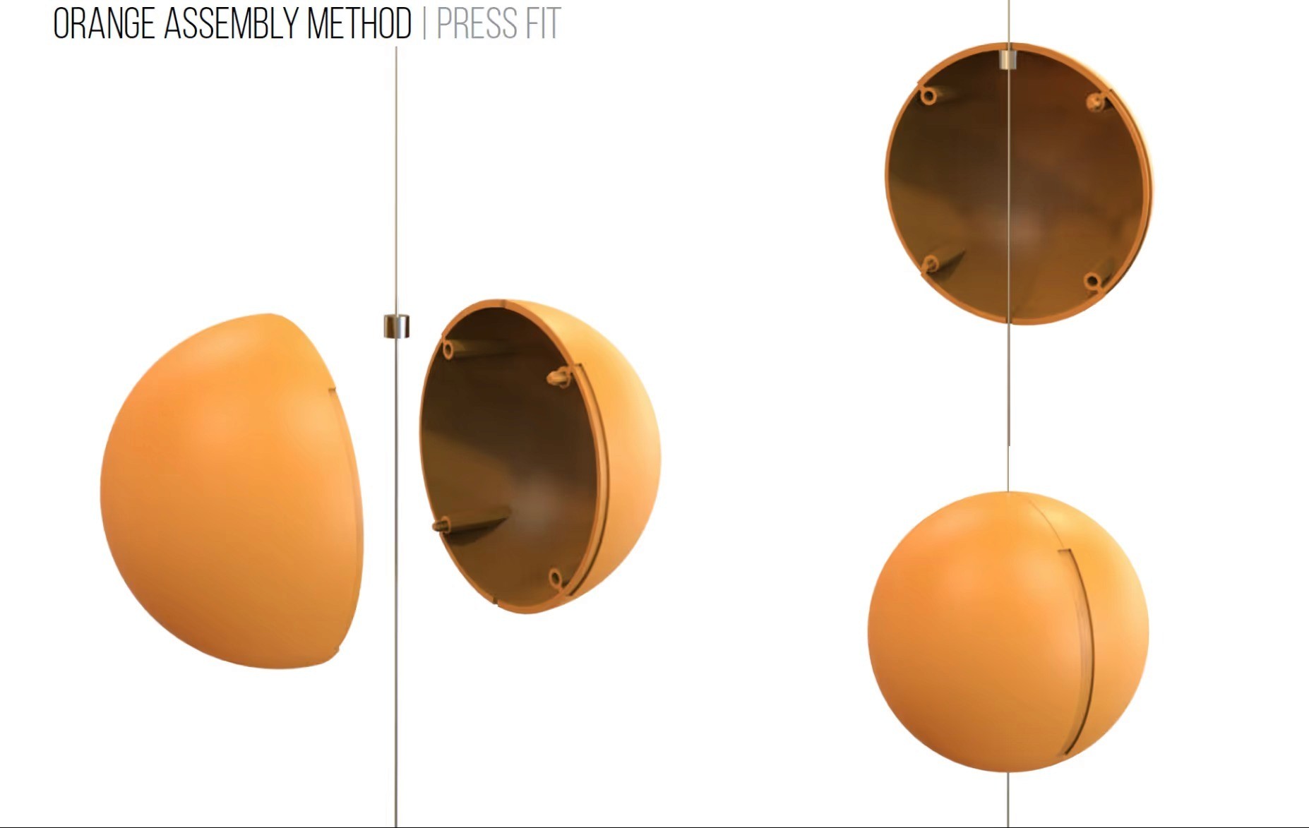 Technical diagram titled 'Orange Assembly Method — Press Fit', showing the two-piece press-fit construction of the suspended orange spheres.