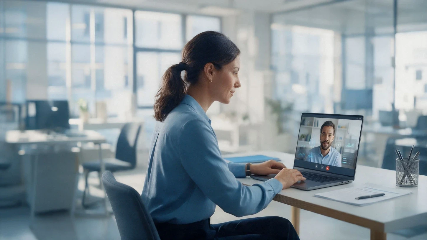 HR professional conducting an AI-powered video interview with a candidate on a laptop, illustrating AI video interview platform cost and enterprise hiring technology
