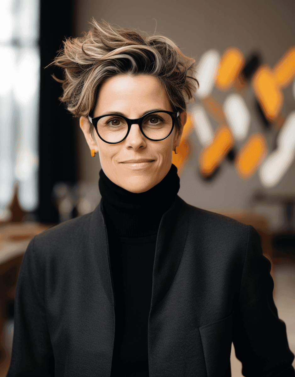 A woman with glasses wearing a black jacket, looking confidently at the camera.