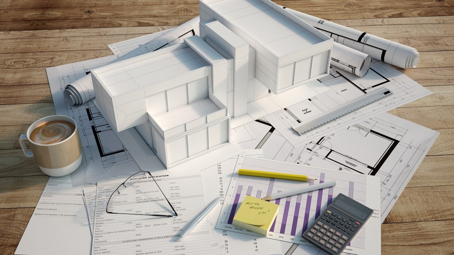 Modern luxury house on a hillside surrounded by trees, featuring large glass windows, a terrace, and a small pool at sunset.