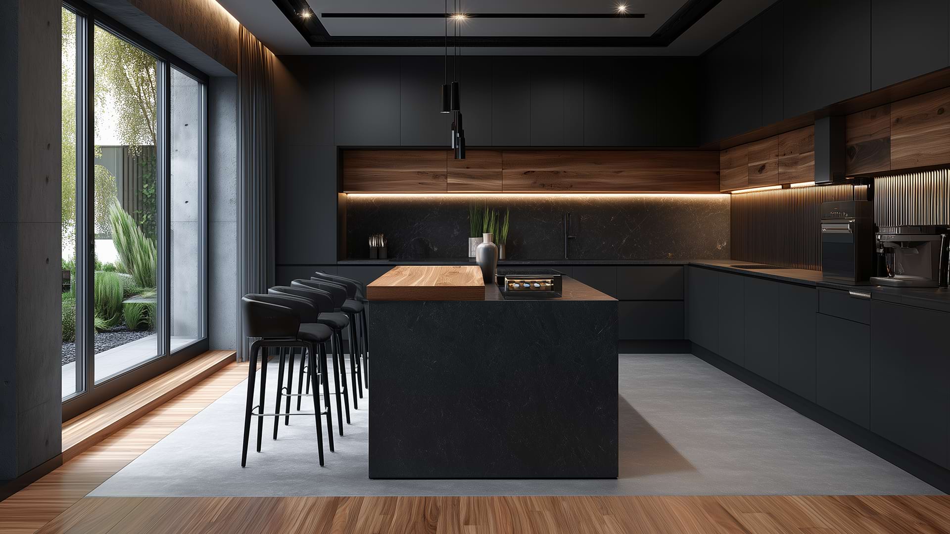 Modern kitchen with dark cabinets, wooden accents, and a large island with black stools. Natural light from a large window enhances the sleek design.