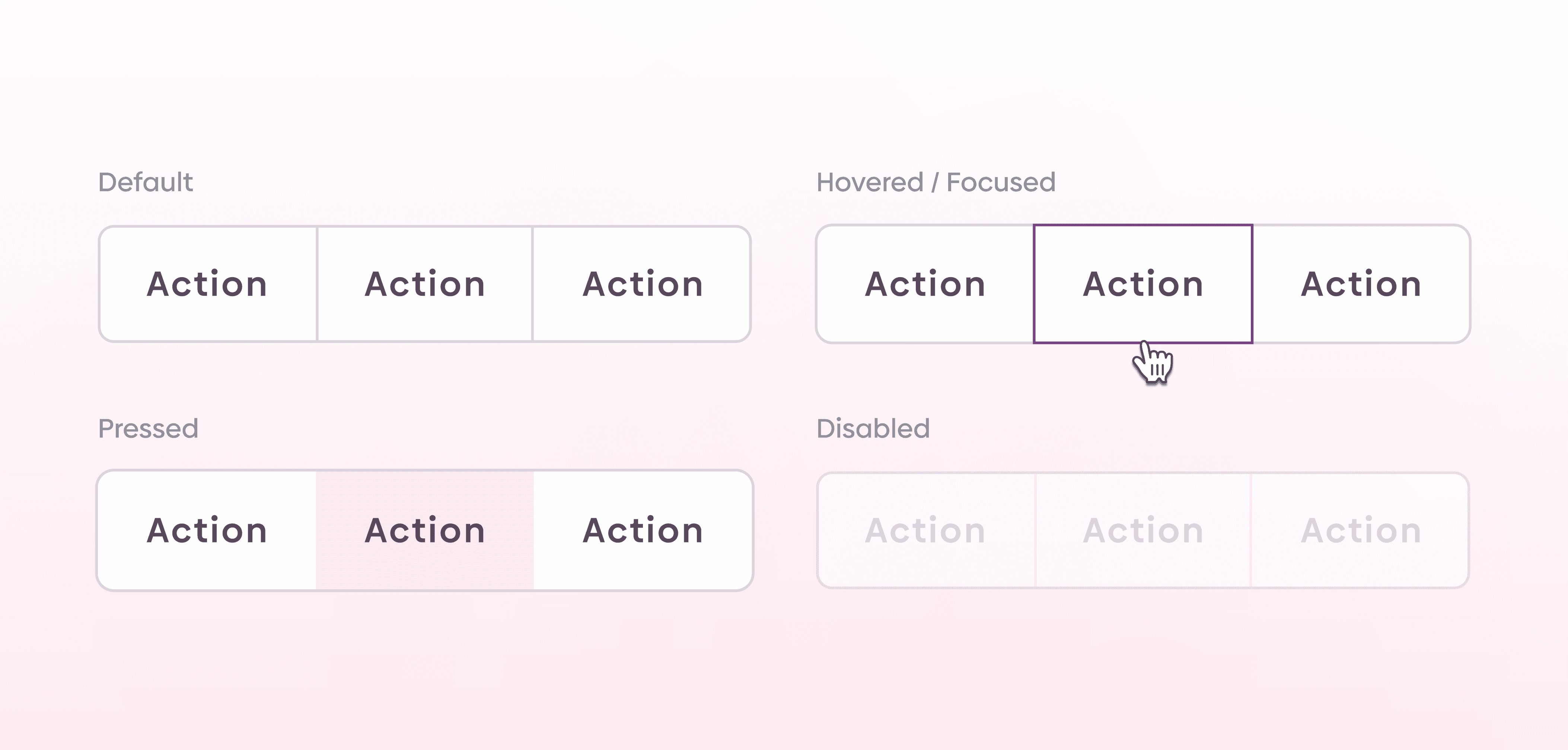 UI design button states example showing default, hovered/focused outline, pressed selection, and disabled tabs labeled “Action.”