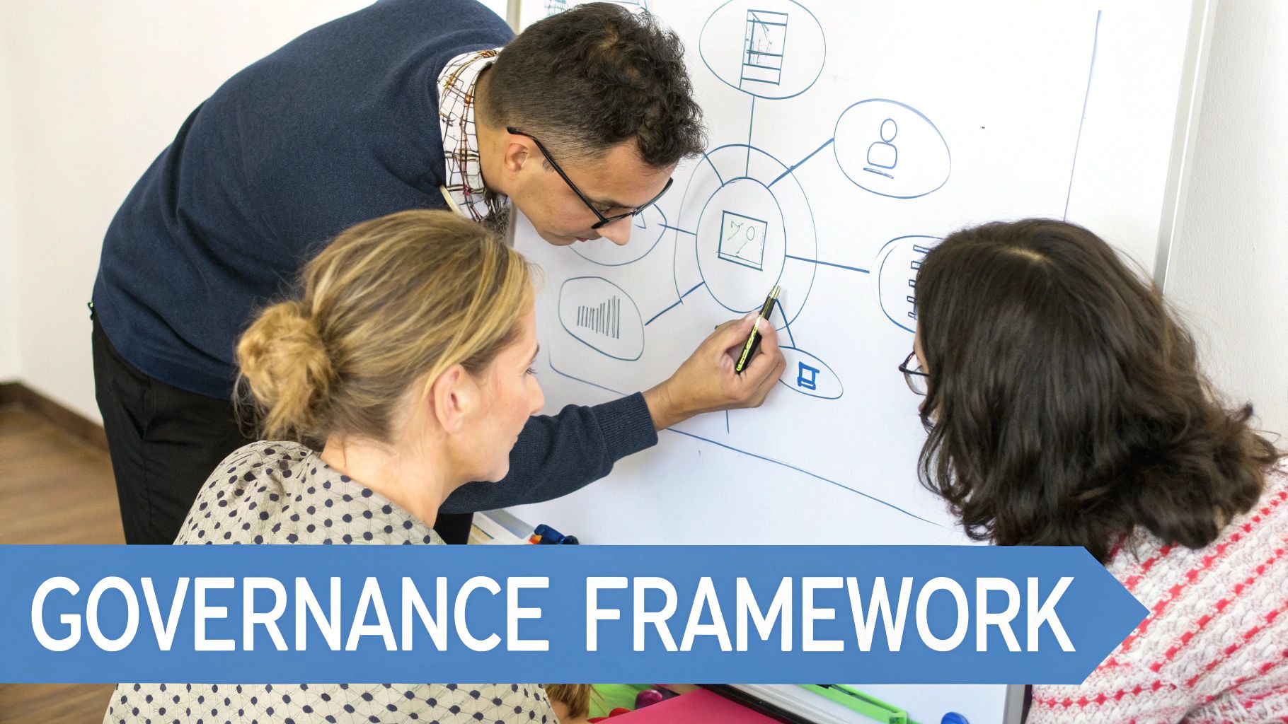 A blueprint on a desk with glasses and a pen, symbolizing the design of a data governance framework.