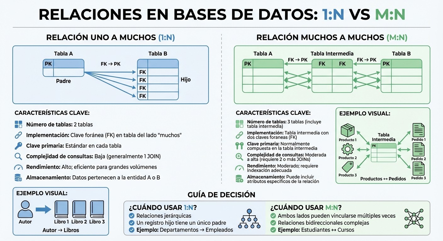 Comparación visual entre relaciones uno a muchos y muchos a muchos en bases de datos