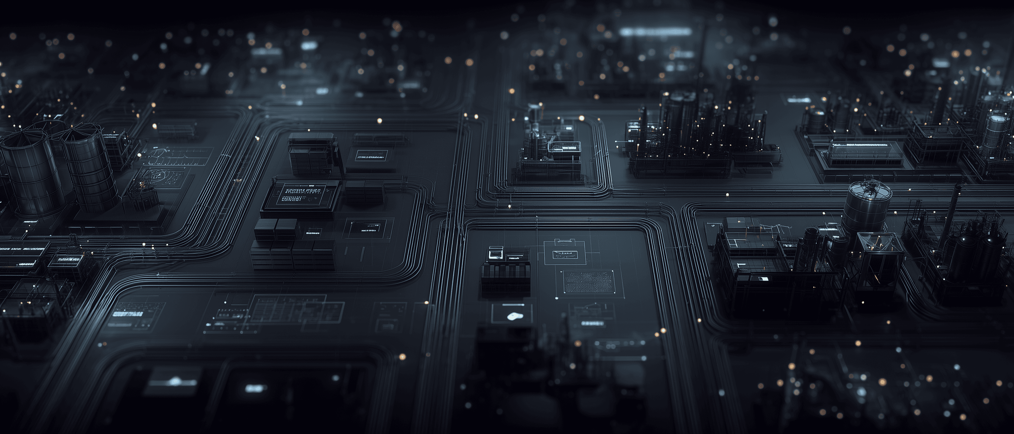Abstract dark industrial network with connected infrastructure lines, factory-like modules, and glowing data points suggesting manufacturing systems and operational intelligence.
