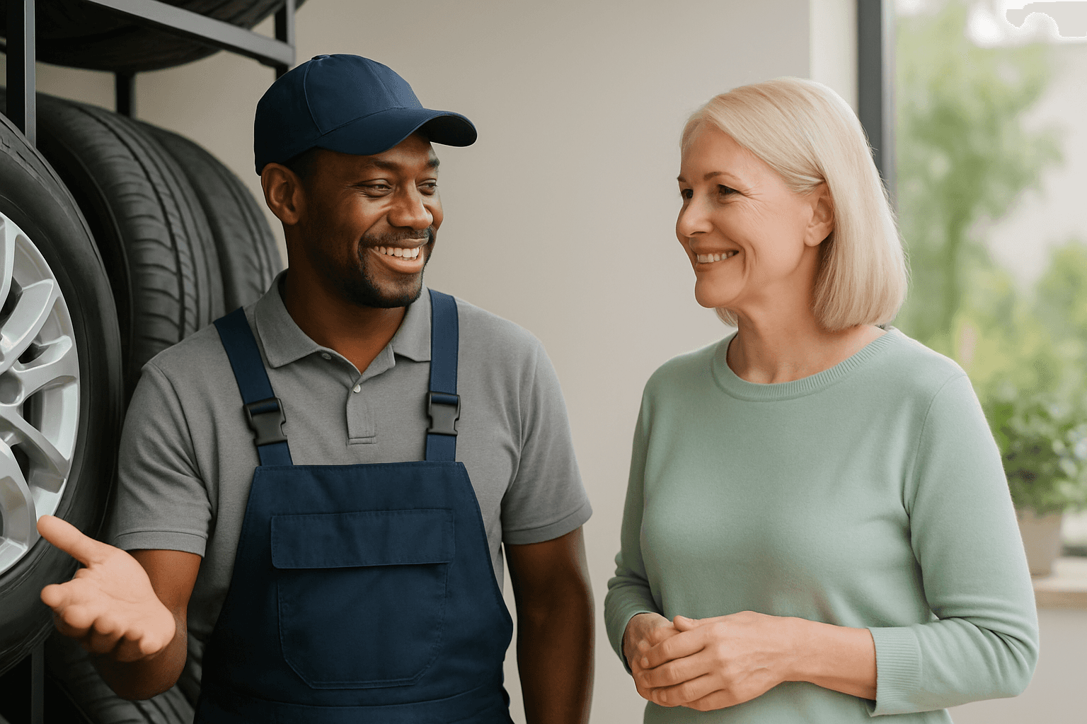 Male tire store owner talks to elderly female