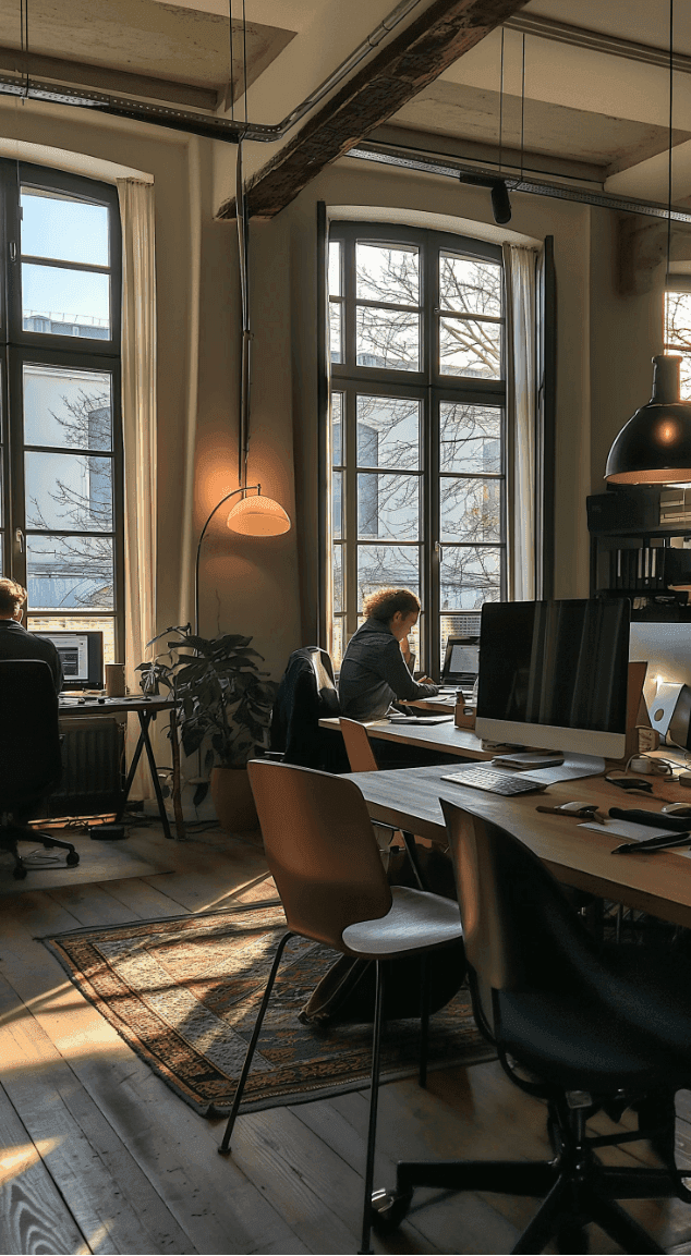 Person working at a desk in a moody dark office interior