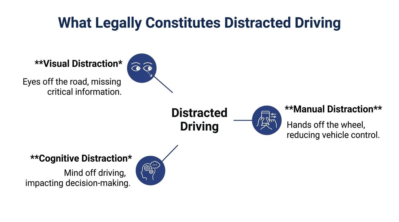 An infographic showing the three types of distracted driving: visual, manual, and cognitive distractions.