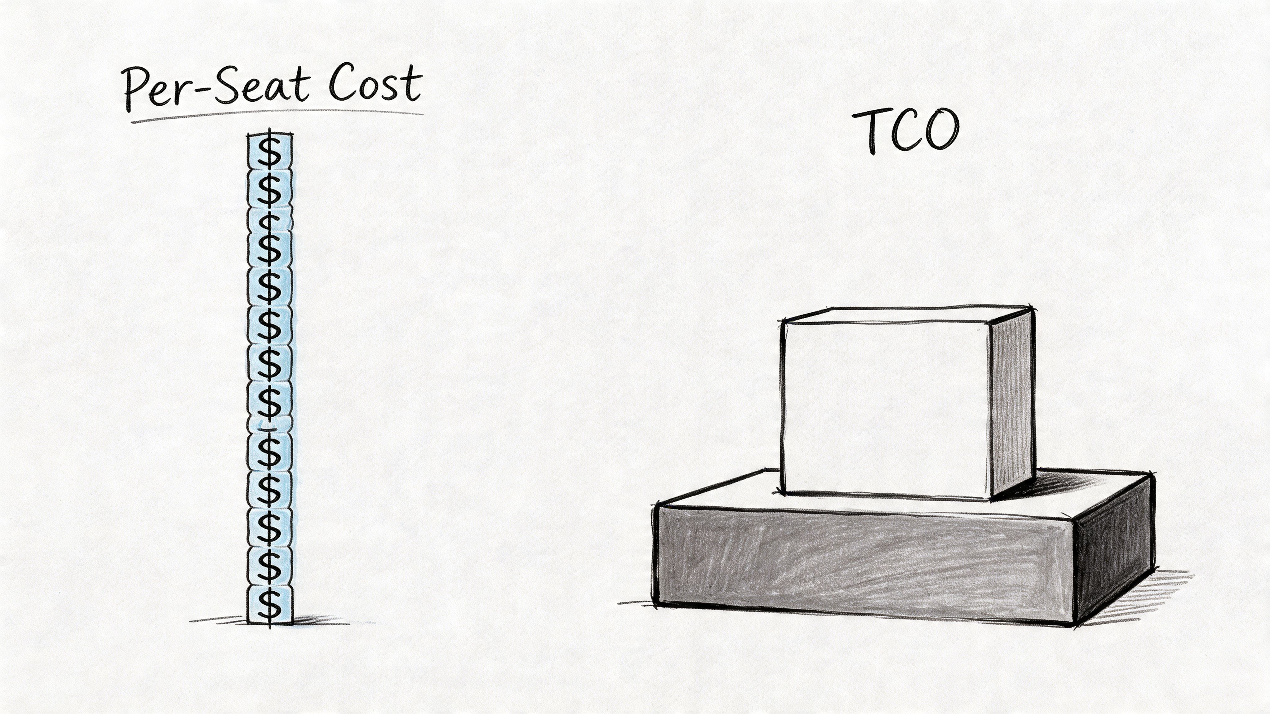 A conceptual sketch comparing per-seat cost as a tall stack of currency versus TCO as blocks.