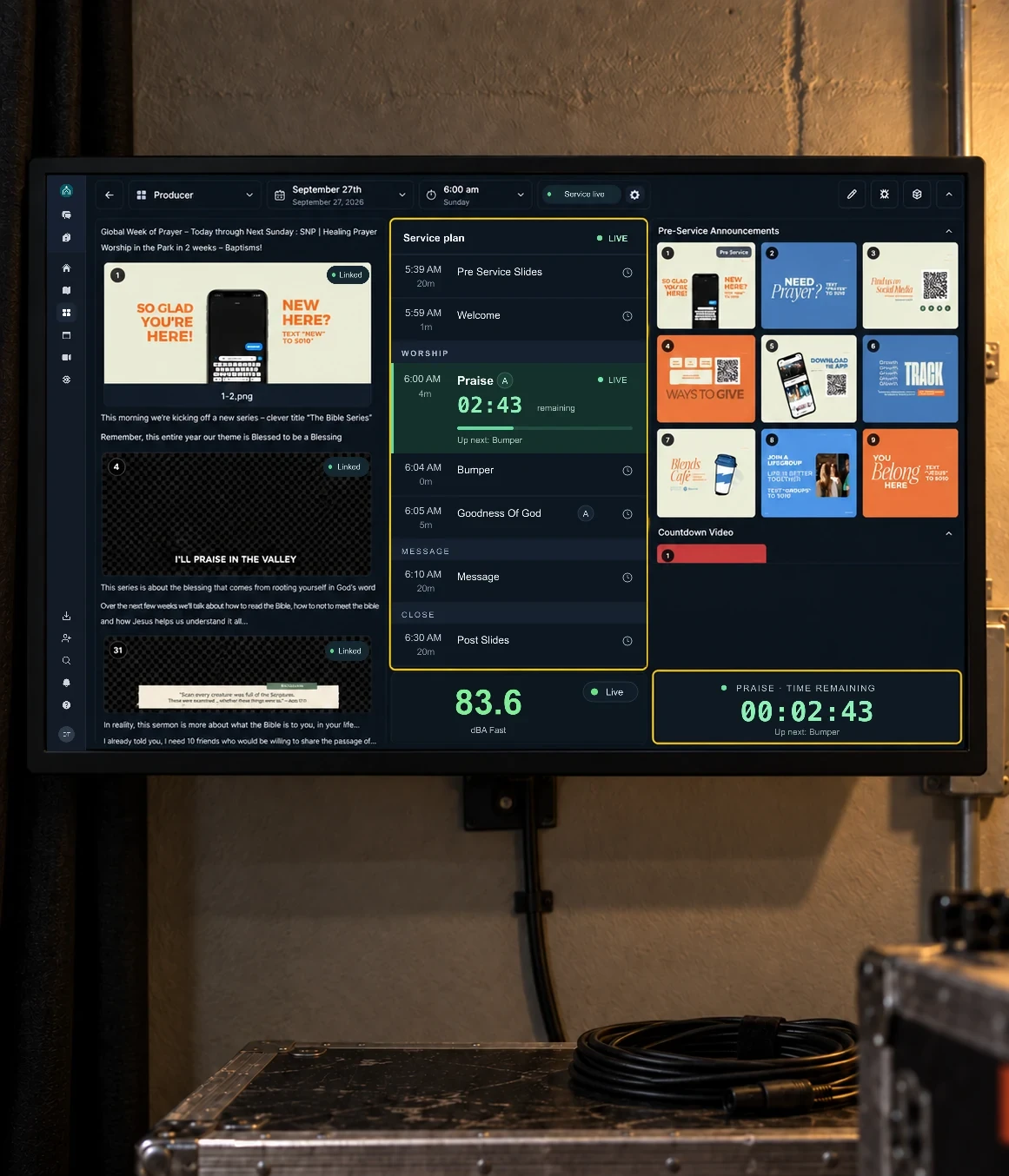Church-branded MxU dashboard with Praise live in the service plan, a 2:43 countdown, and live SPL monitoring