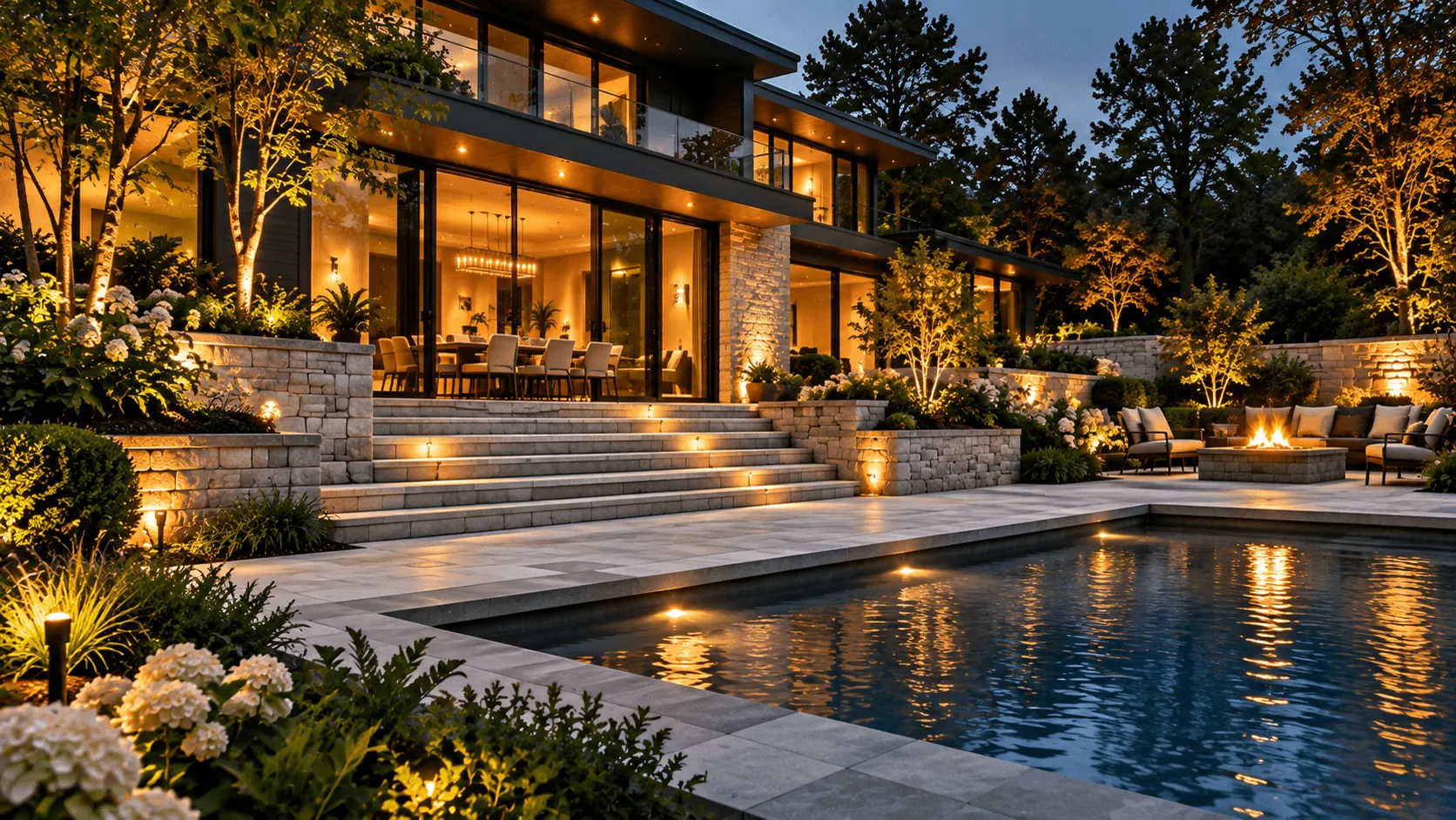 Design: stone steps and terrace leading to a lit pool, as planned
