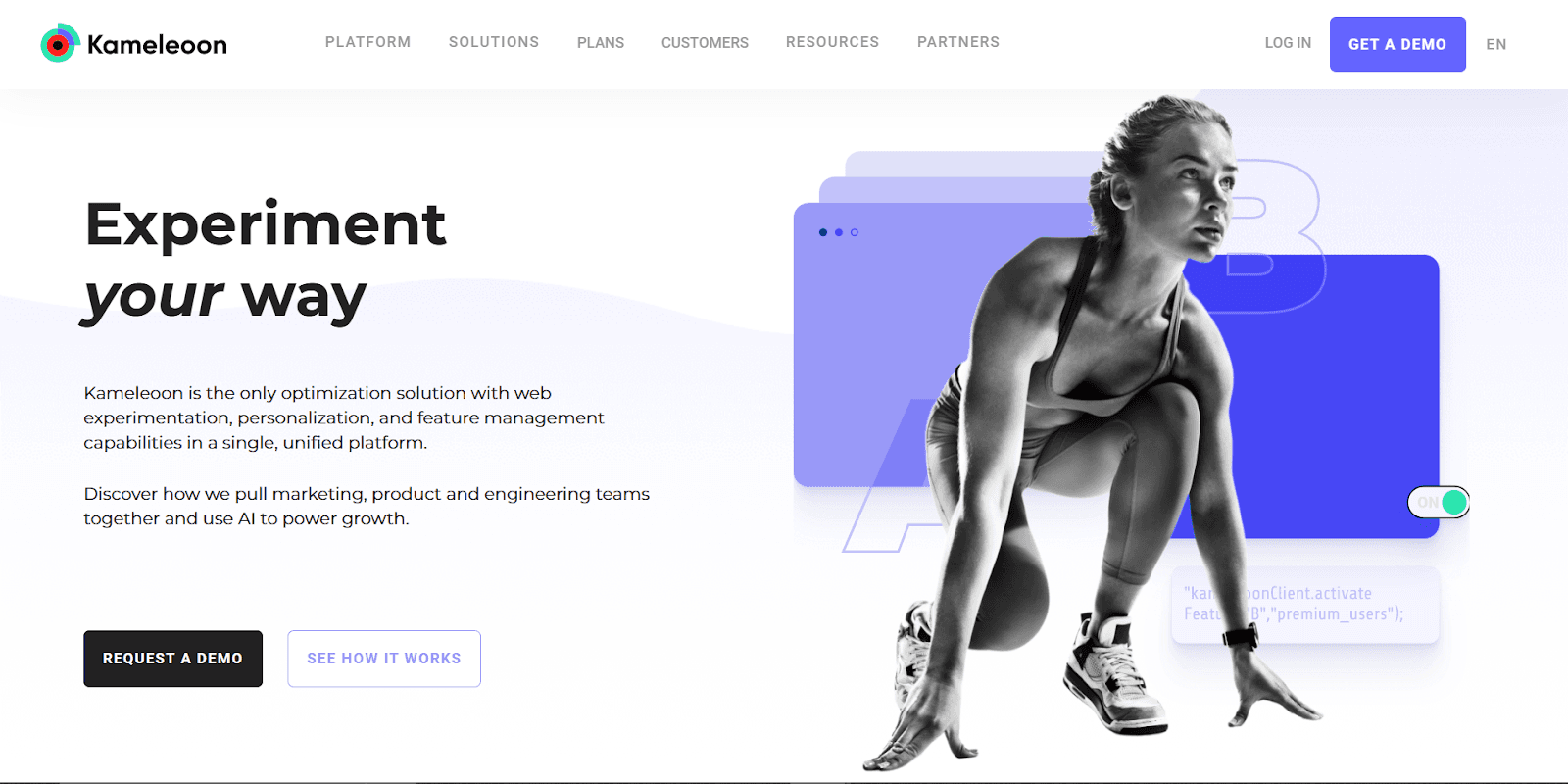 Kameleoon homepage emphasizing web experimentation, personalization, and feature management with AI-driven growth.