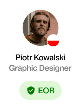Talent card showing a talent's headshot, Graphic Designer, with a Polish flag icon indicating his nationality. A button below says "EOR".