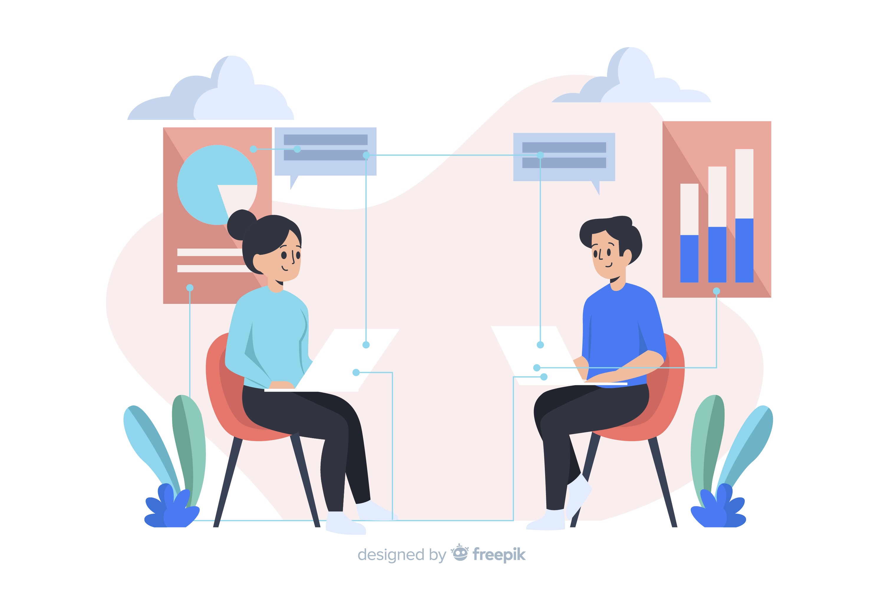 Cartoon illustration of two people discussing AWS interview questions, with data charts and chat bubbles in the background