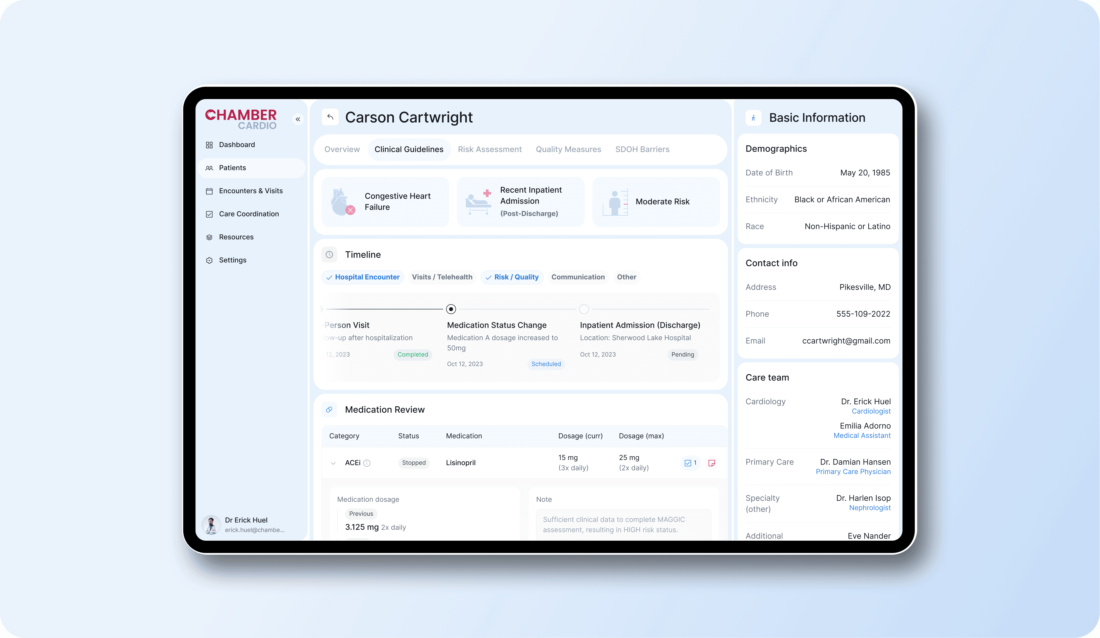A tablet screen displaying a detailed patient dashboard from ChamberCardio. The interface shows medical information for Carson Cartwright, organized into sections: Clinical Overview: Conditions listed include "Congestive Heart Failure," "Recent Inpatient Admission (Post-Discharge)," and "Moderate Risk." Timeline: Shows key medical events such as hospital encounters, visits, medication status changes, and inpatient admission/discharge dates. Medication Review: Lists specific medications, their dosage, and status (e.g., ACEI - Lisinopril, dosage adjustments noted). Basic Information: Displays the patient's demographics, including date of birth, ethnicity, race, and contact information. Care Team: Lists healthcare professionals, such as the cardiologist Dr. Erick Huel, primary care physician Dr. Damian Hansen, and other specialists involved in care. The dashboard is cleanly designed with a light background, soft blue highlights, and clear text, making it easy for medical professionals to access important patient data quickly. The layout is structured for efficiency and clarity in clinical settings.