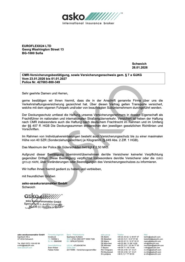 EuroFlexx24 Versicherungsnachweis bei asko für CMR über 40 SZR