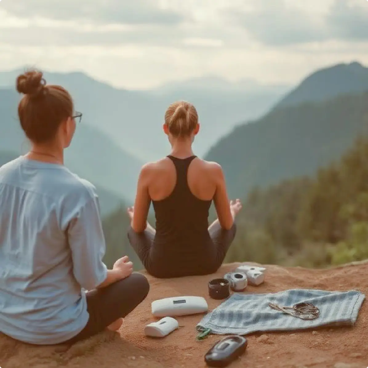 Two girls doing yoga on a mountain