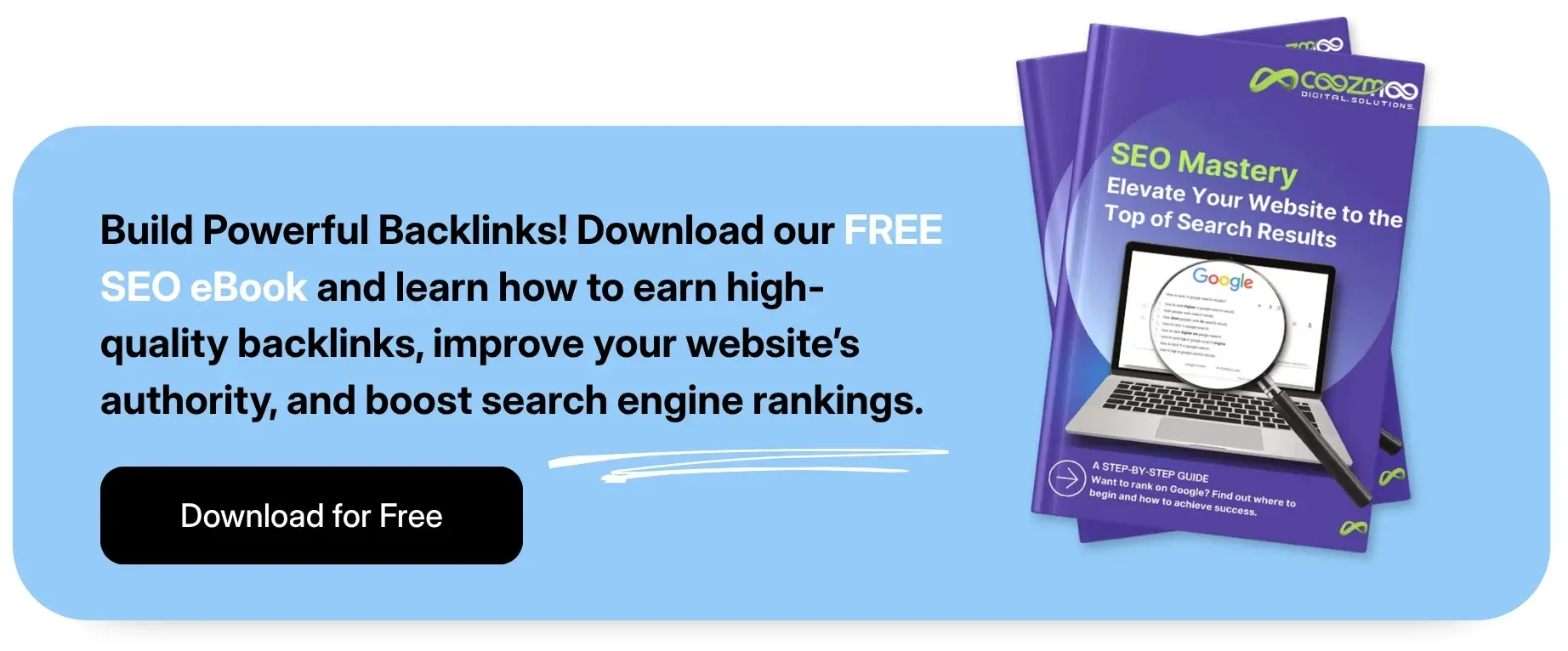 A call-to-action for Coozmoo's free SEO Mastery ebook on building backlinks