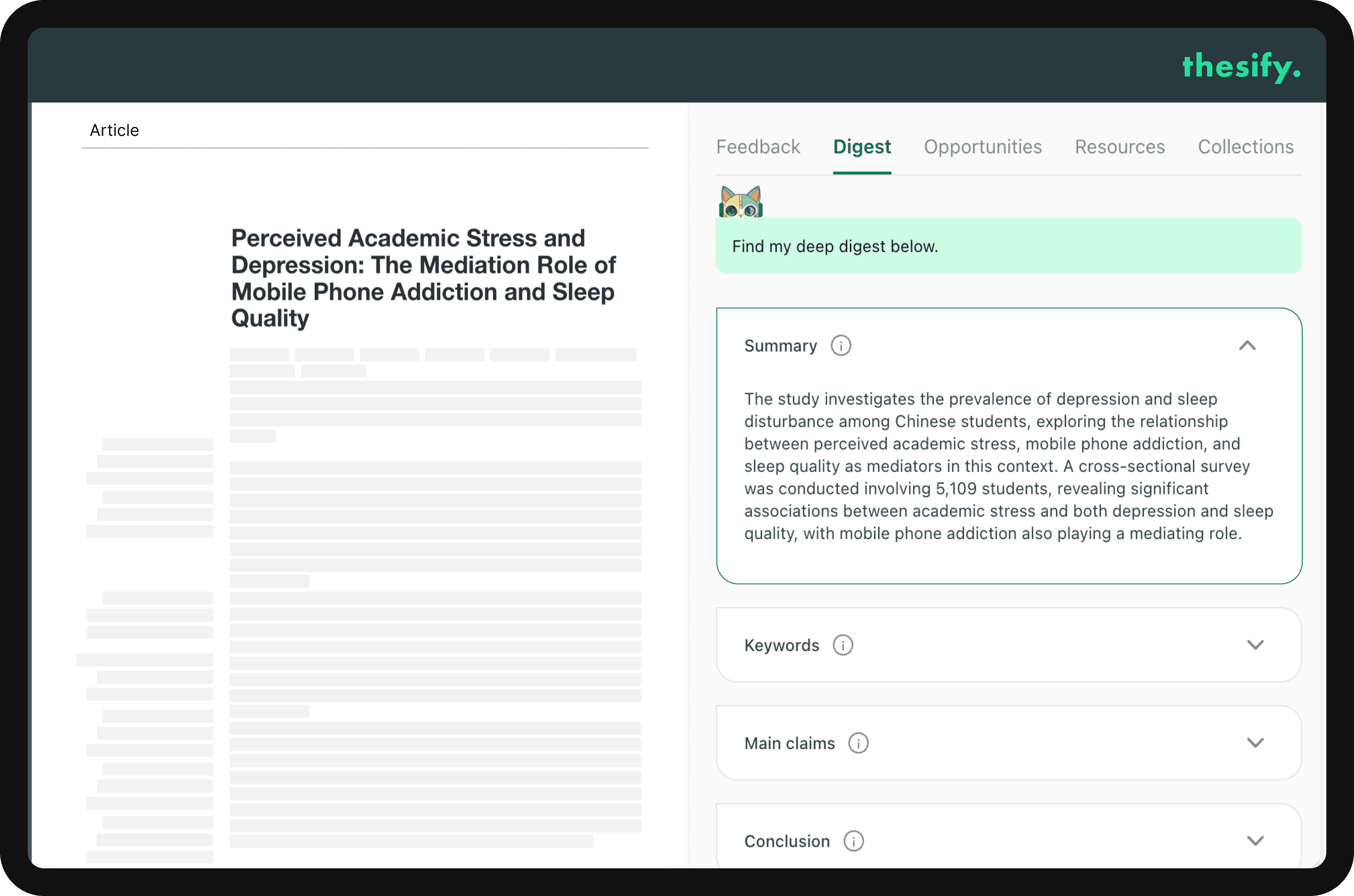 Screenshot of summary and conclusions of a paper digest