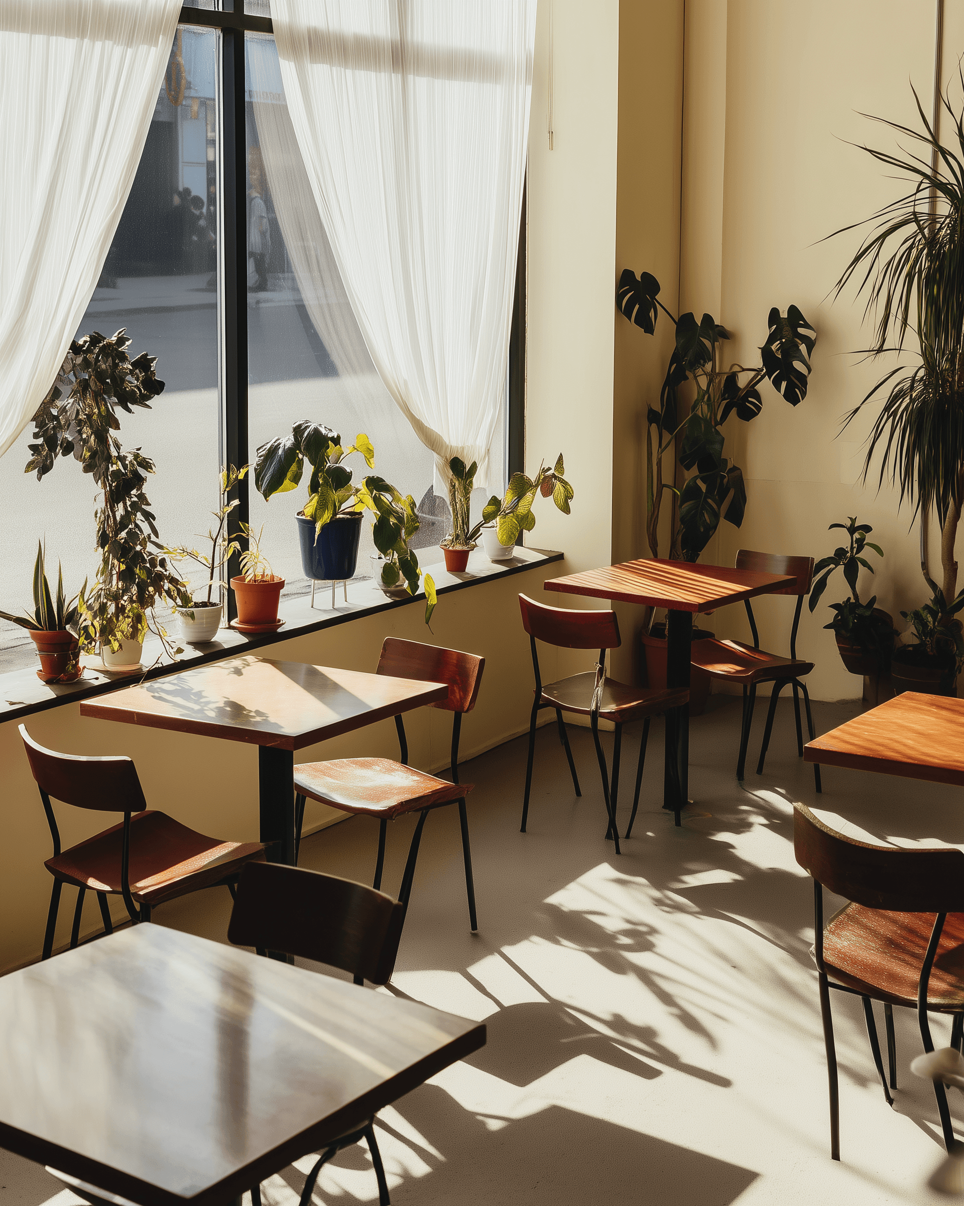 Modern coffee shop storefront with warm lighting and outdoor seating in design district