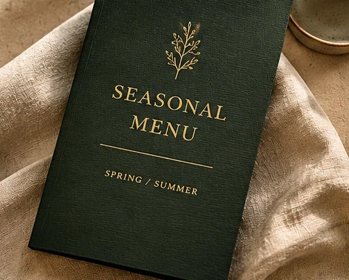 Green seasonal restaurant menu booklet on a table.