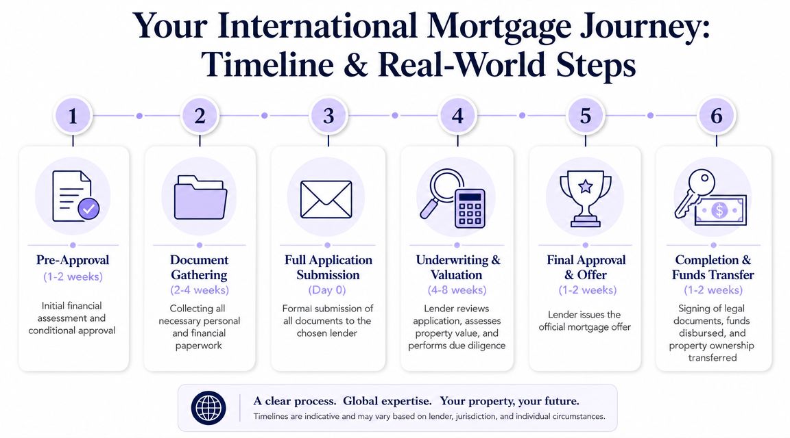 A six-step visual infographic showing the international mortgage timeline and process for buying property abroad.