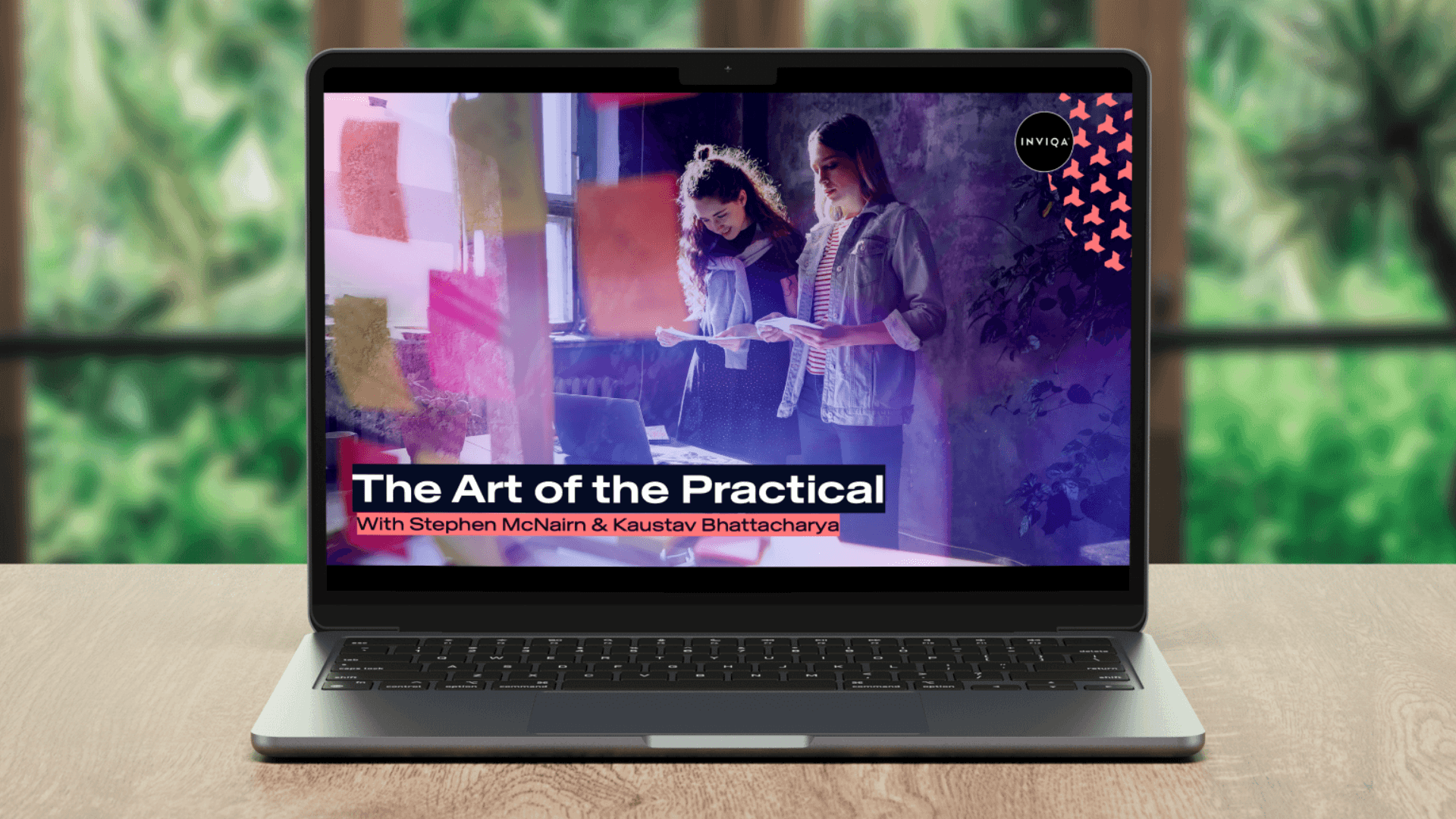 A laptop with the opening screen of the Art of the Practical webinar