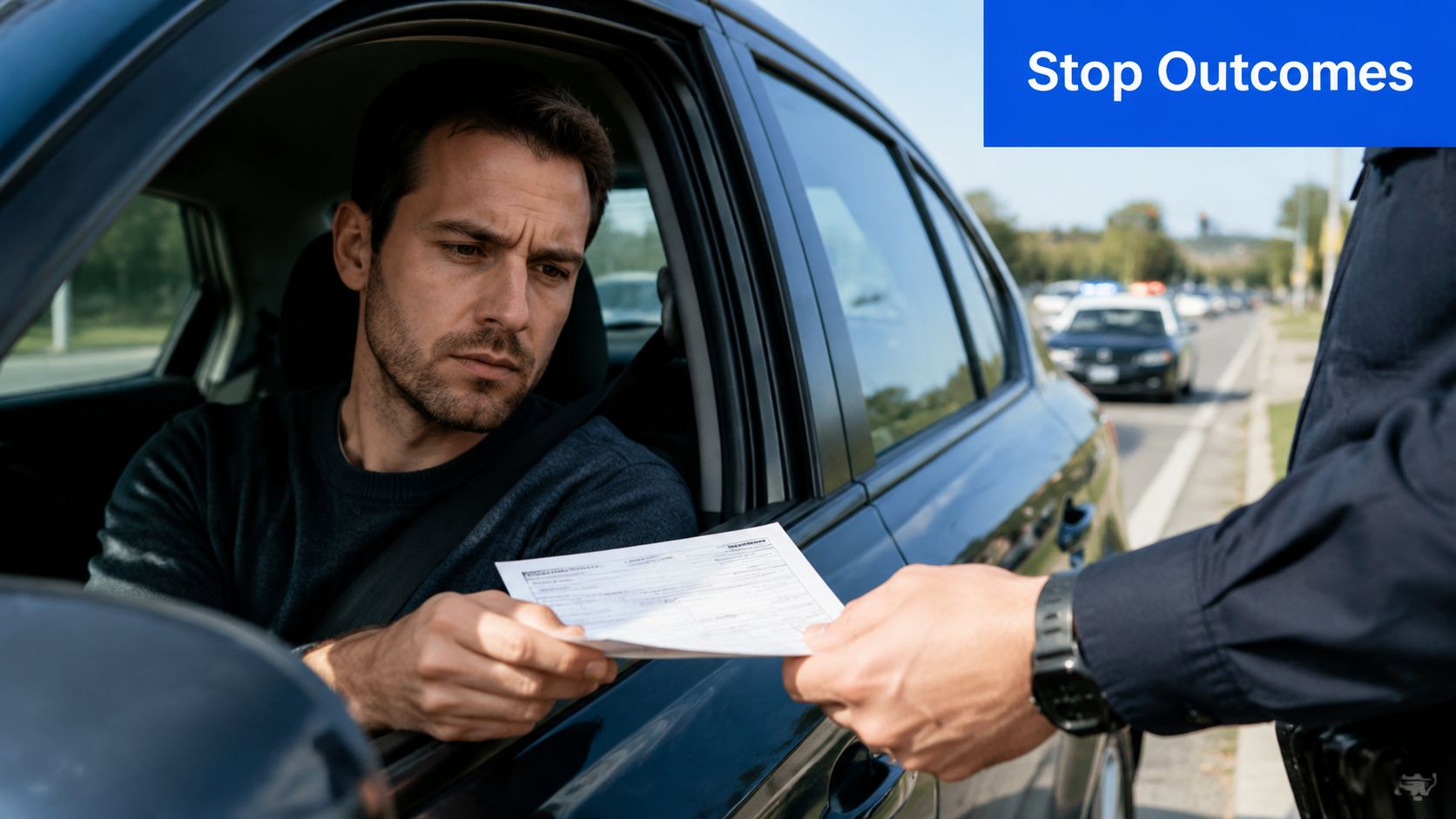 A police officer hands a traffic citation to a driver sitting inside his car during a stop.