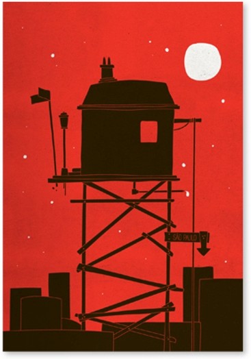 A red image showing a building in the moonlight.
