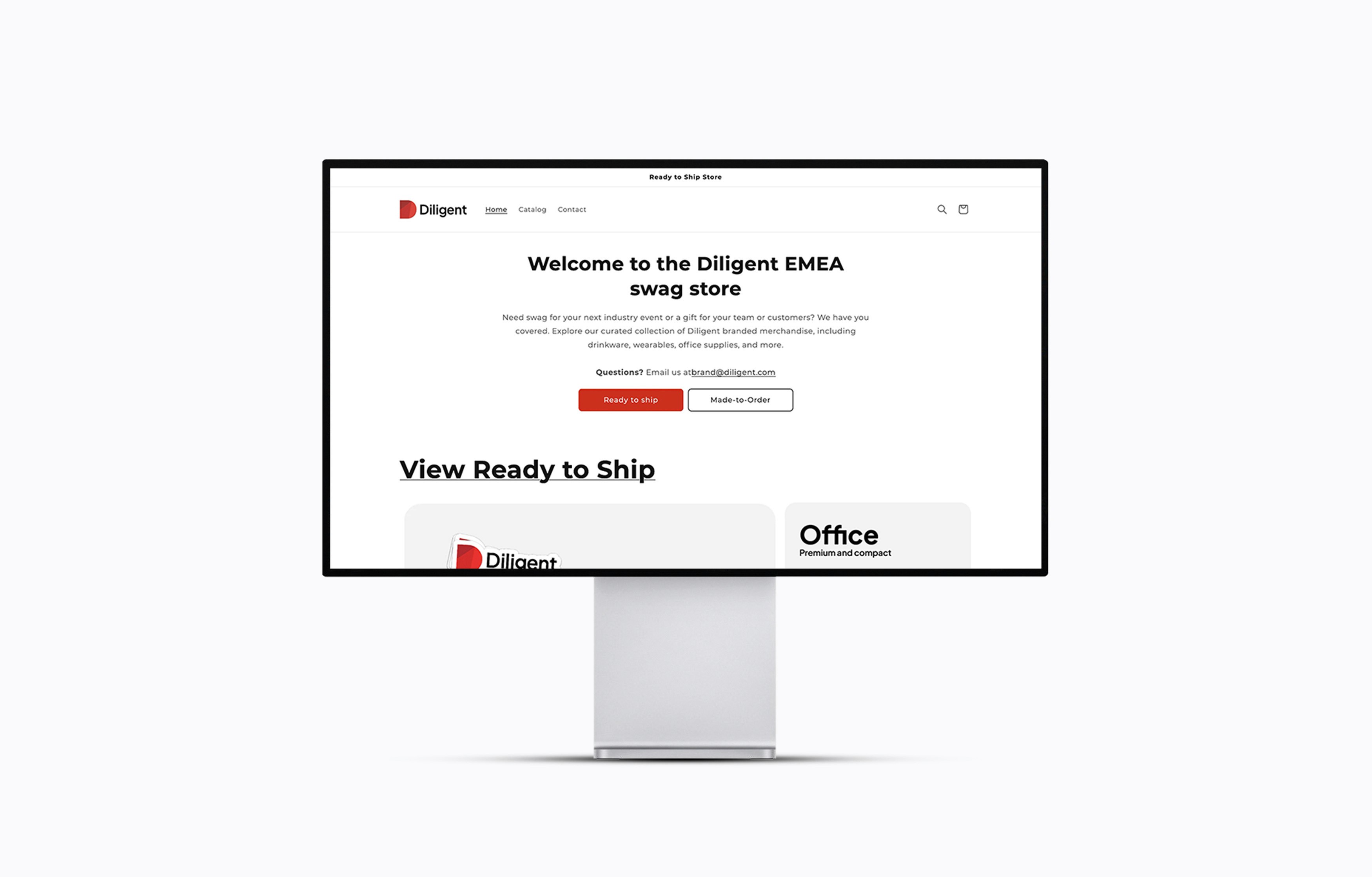 Diligent EMEA swag store homepage with text 'Welcome to the Diligent EMEA swag store' and ready-to-ship options.