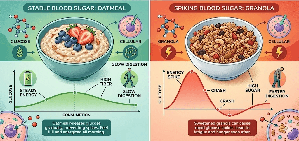A comparative infographic showing the effect of oatmeal and granola on blood sugar. The left panel shows oatmeal leading to stable glucose levels and steady energy. The right panel shows granola leading to sharp glucose spikes, energy crashes, and feelings of fatigue and hunger. Visual graphs demonstrate the smooth versus volatile blood glucose curves.