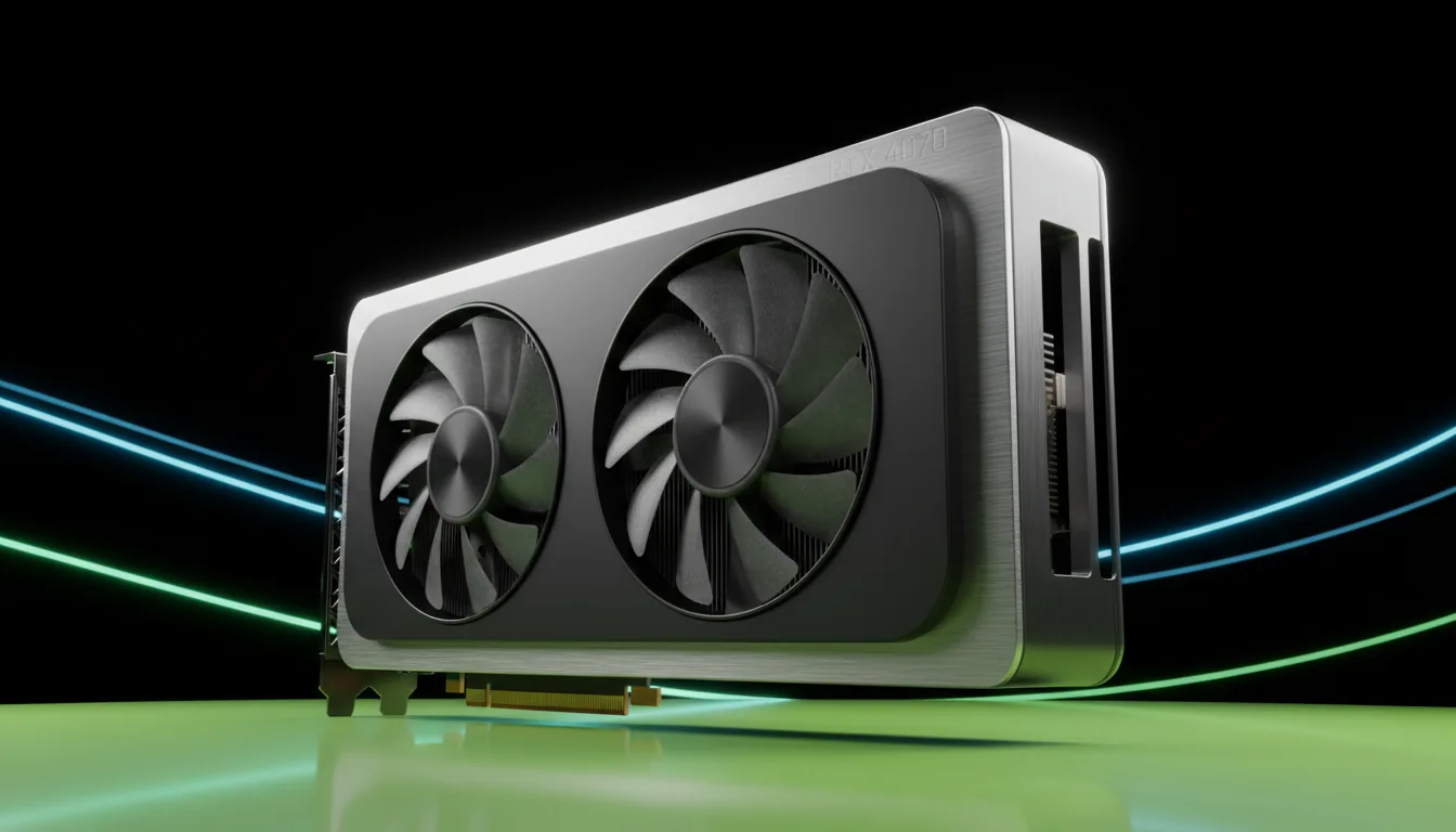3D render of an NVIDIA RTX 4070 Founders Edition GPU, dynamic low-angle shot. The graphics card, with its matte black body and brushed silver metal frame, rests on a glossy, vibrant lime-green surface. Soft global illumination and studio lighting create sharp specular highlights, emphasizing the premium textures. The background is pure black with subtle, abstract light streaks suggesting motion. Professional product visualization, Blender style, extremely high detail.