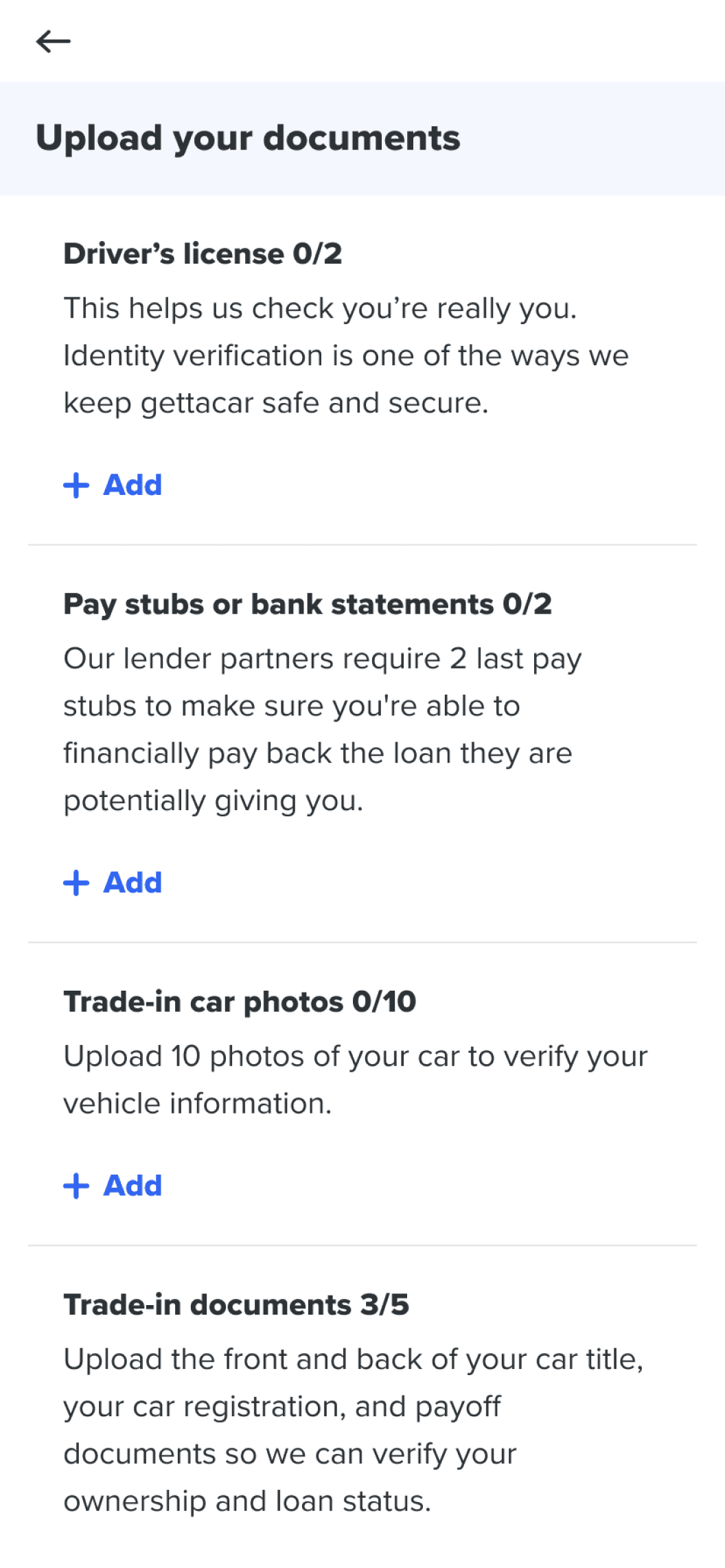 My account - list of documents needed