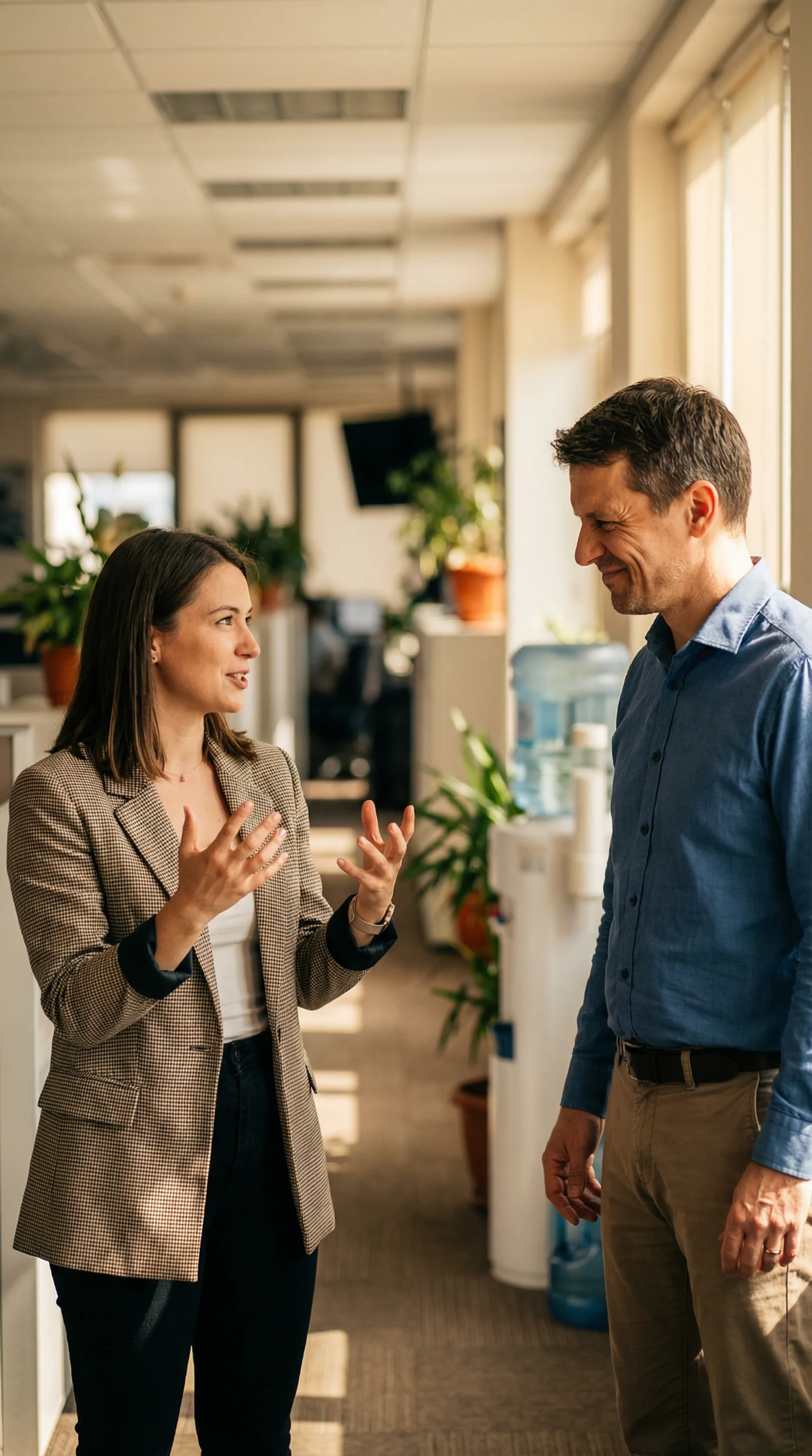 Two professionals in animated side-by-side conversation, one gesturing while other listens intently, warm office hallway light