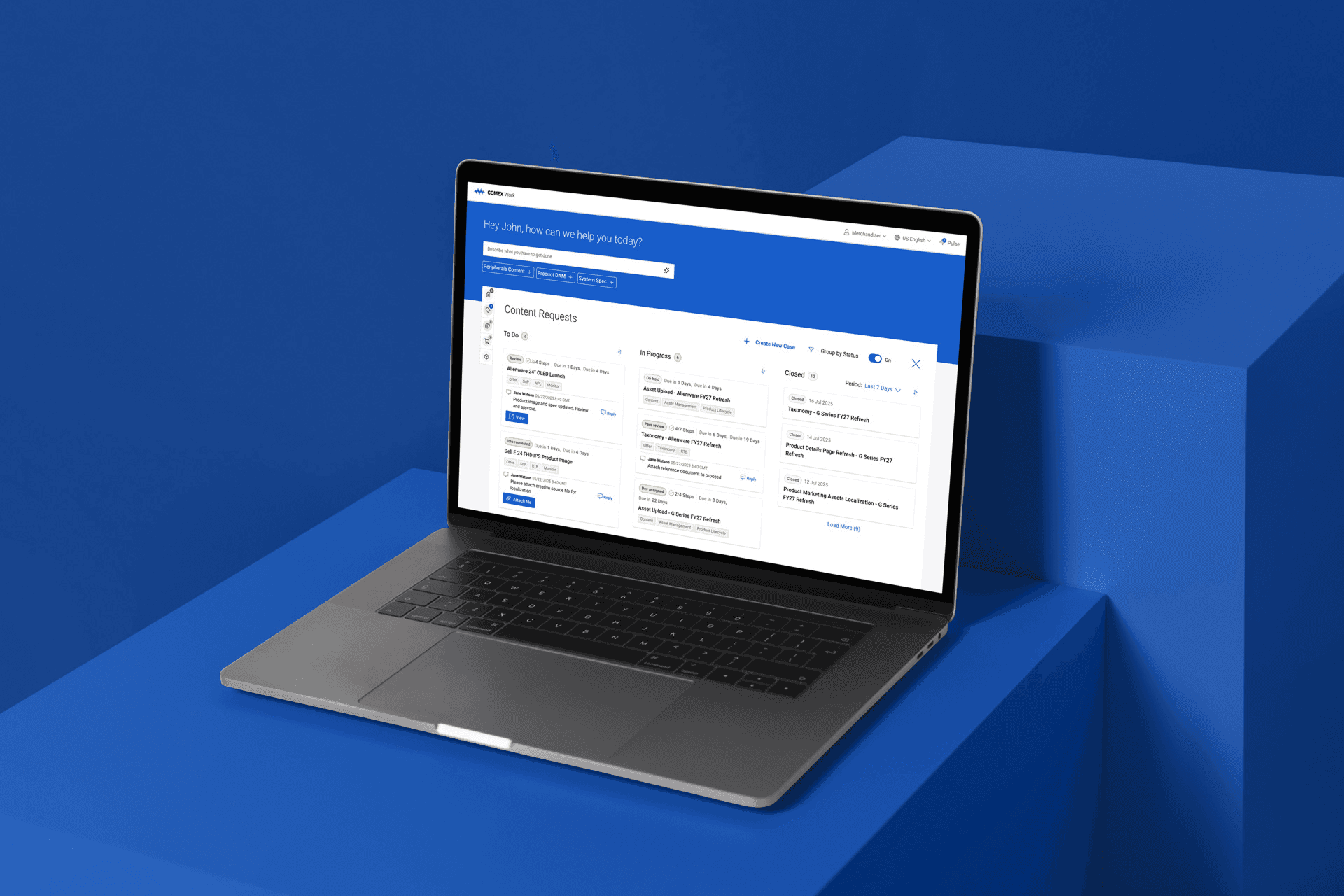 Image of an enterprise web app on a laptop placed on a set of blue cubes placed infront of a blue inlay backdrop