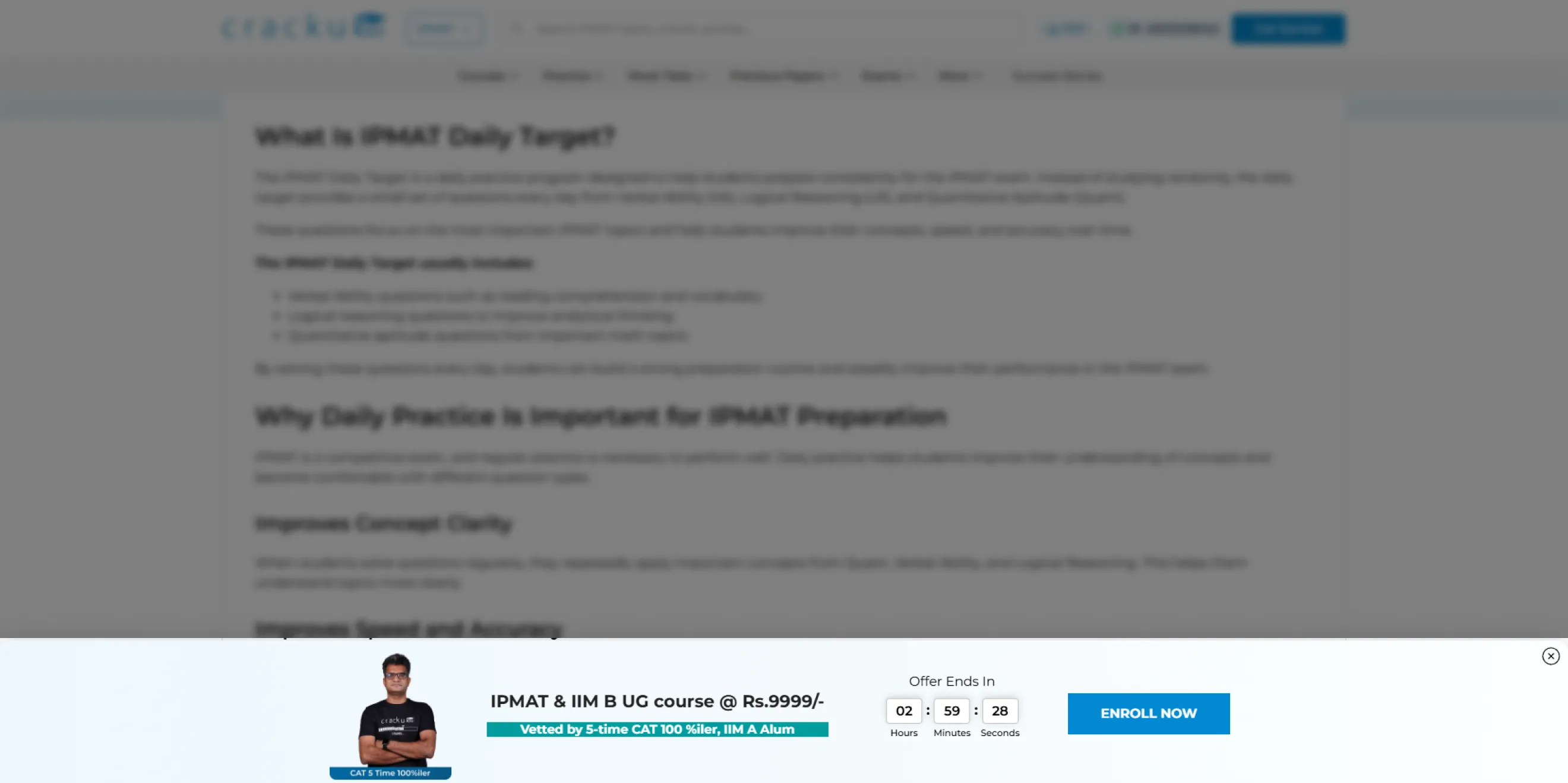 An educational website layout featuring a full-width bottom floating bar widget with a live countdown timer clock and an “Enroll Now” conversion link.