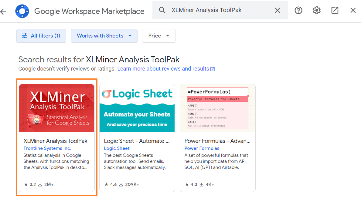 Search for "XLMiner" in the search bar of the Google Workspace Marketplace.