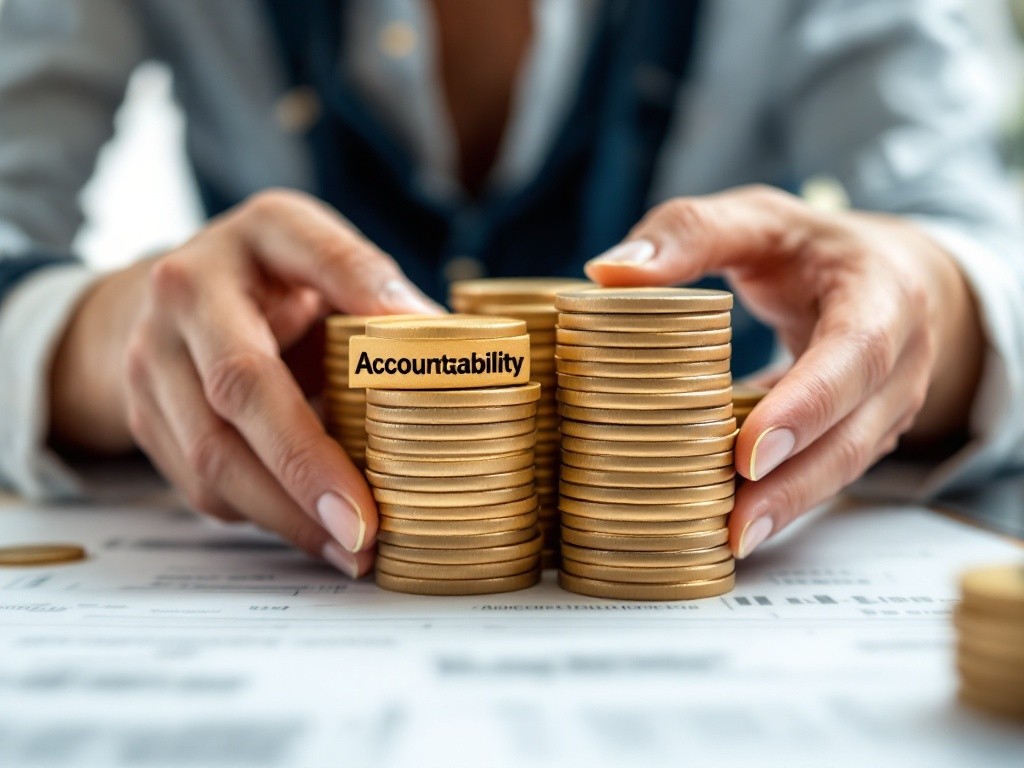 A person's hands are protecting stacks of coins with a wooden block that says "Accountability" on it.