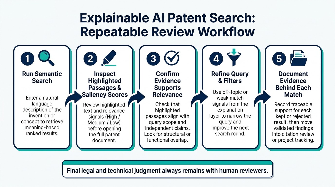Explainable AI Patent Search: Step-by-Step Review Workflow