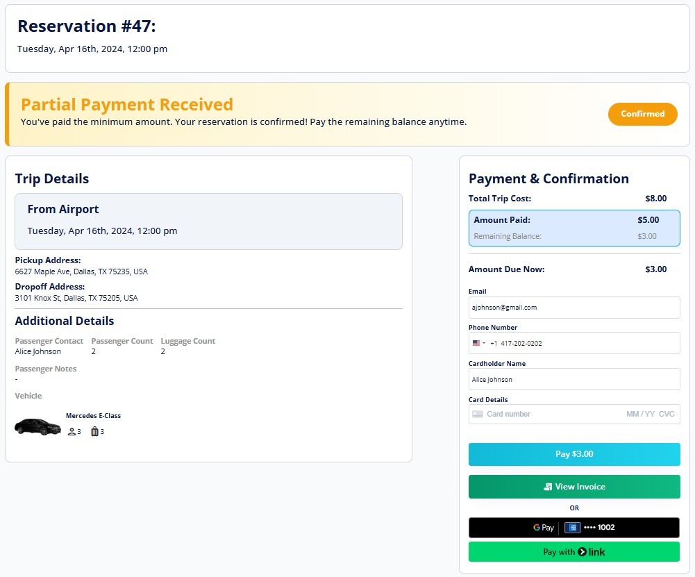 Ride Sync Reservation Details & Invoice Page