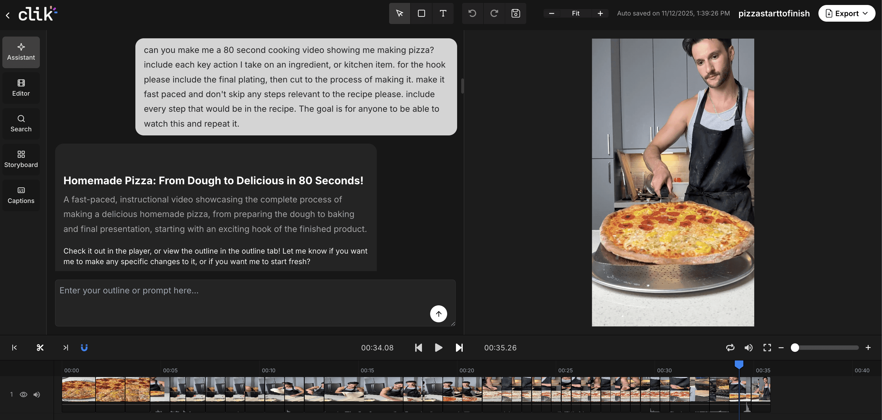 Smart AI assistant, promted to create a video timeline