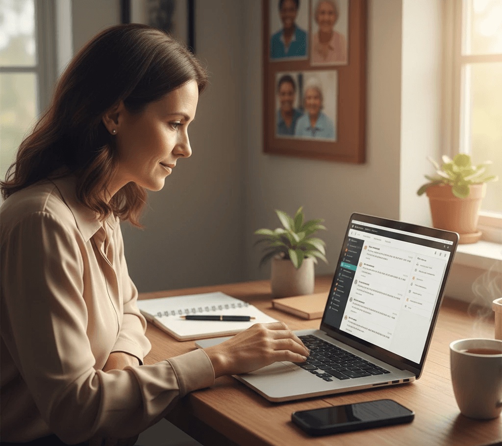 Alt text: A home care agency owner sits at a wooden desk in a sunlit office, focused on a laptop screen displaying organized call summaries, with a smartphone and notepad nearby.