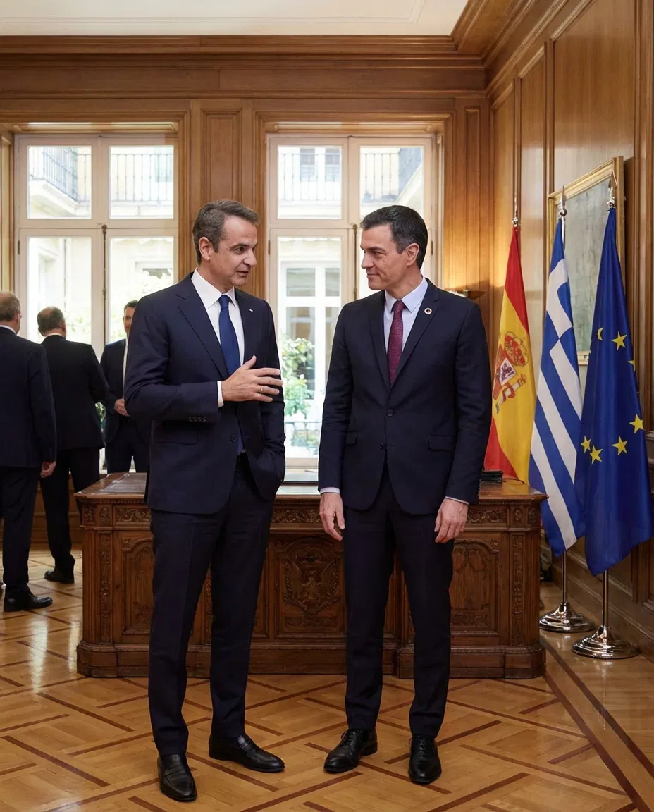 Kyriakos Mitsotakis and Pedro Sánchez meeting in Madrid.